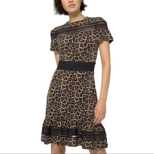 New Michael Kors Leopard Print Mesh Trim Short Sleeve Dress